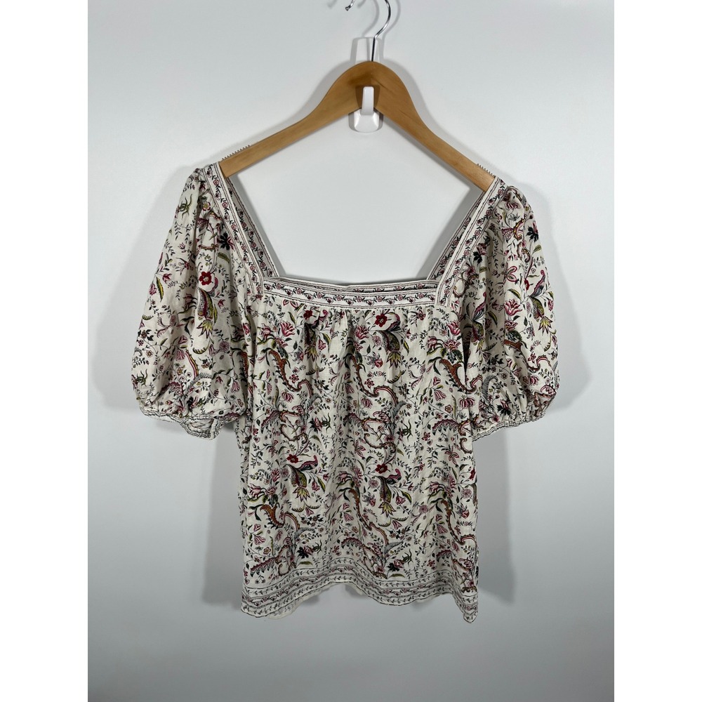 Womens Peasant Top L White Floral Square Neck Ren Faire Cottage Forest Fairy